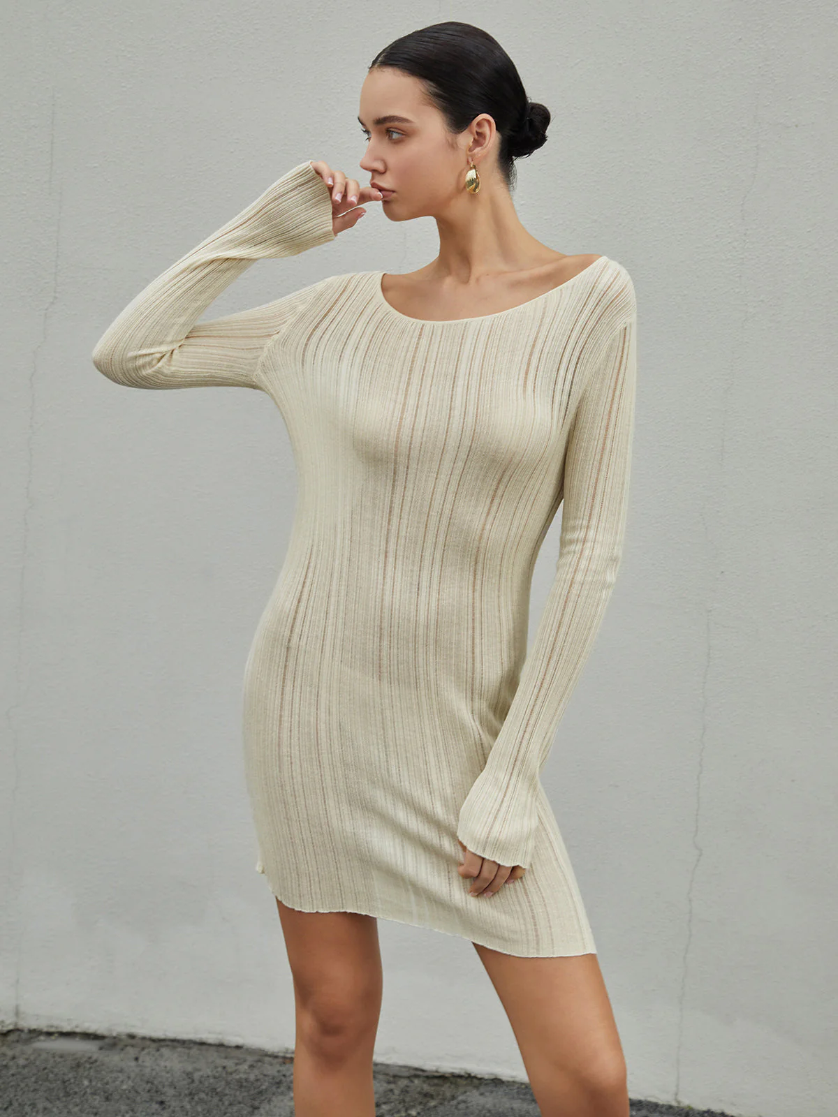 Strip Eyelet Texture Trendy Sweater Short Dress - Image 4