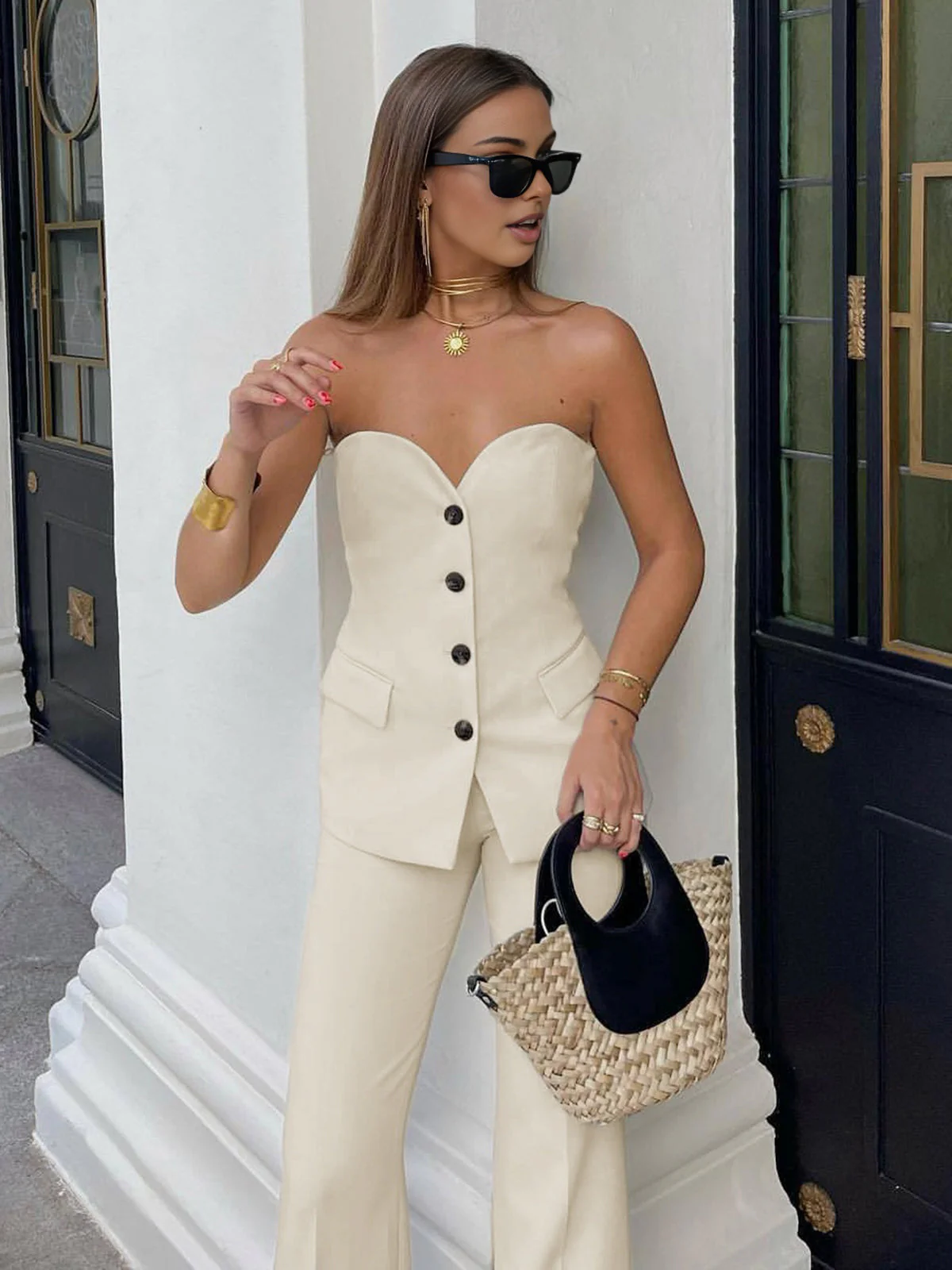 Solid Tube Top With Modern Wide Leg Pants Set - Image 2