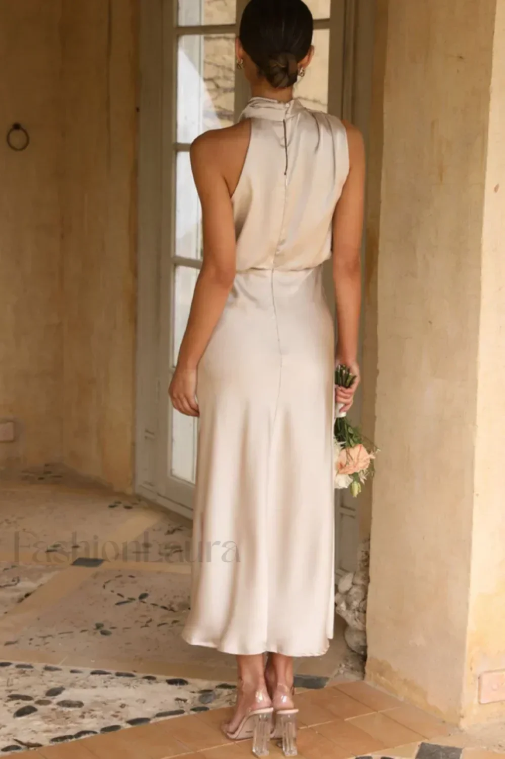 Halter Sleeveless Stylish Satin Bridesmaid Dress - Image 4