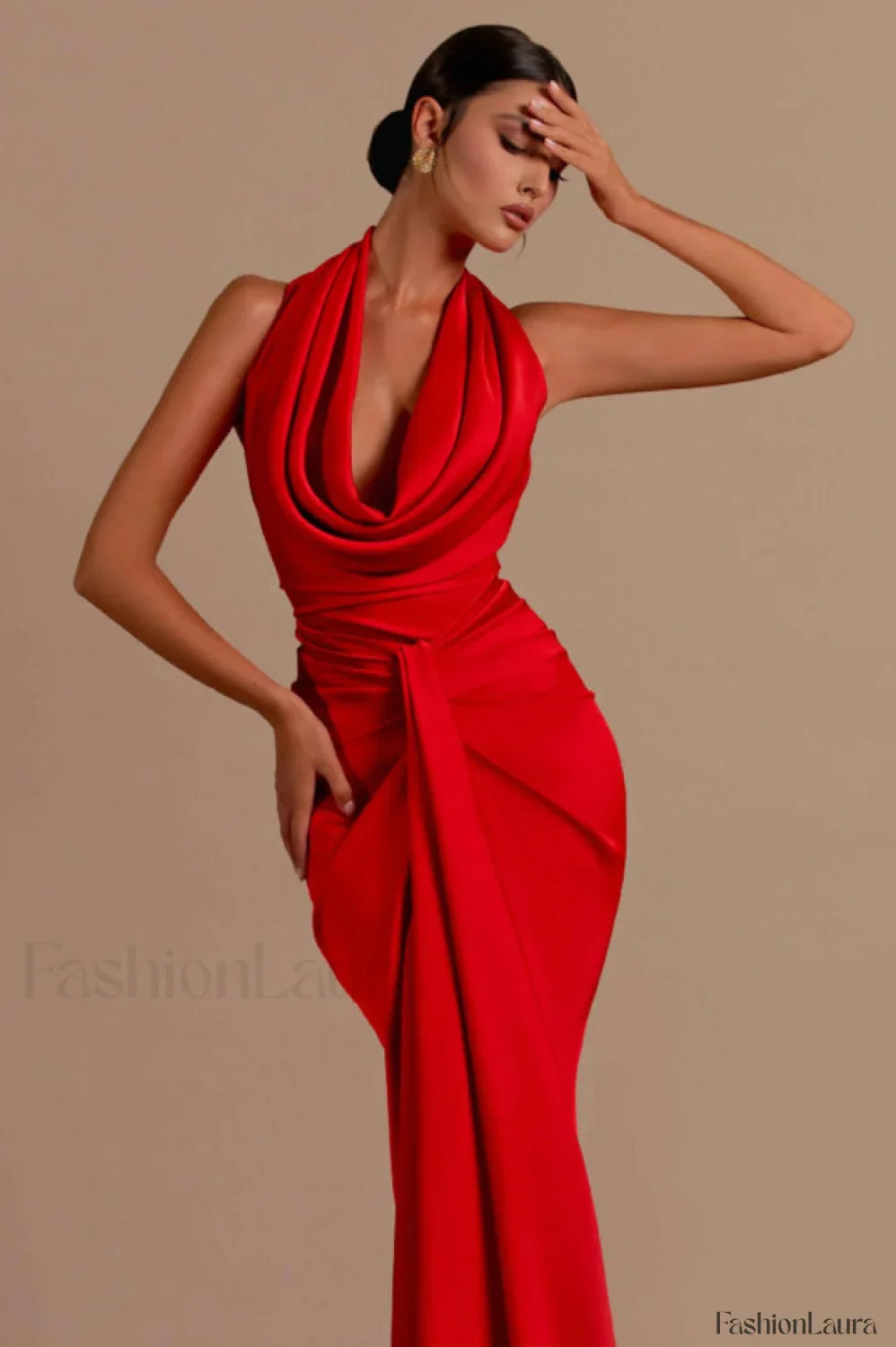 Halter Draped Stylish Mermaid Maxi Dress - Image 13