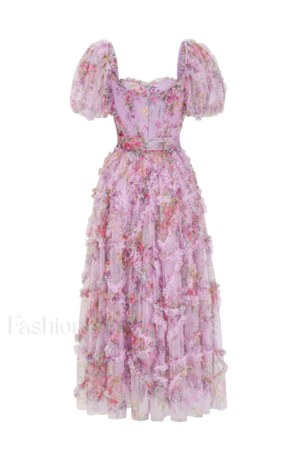 Floral Tulle Puff Sleeve Graceful Bow Tie Maxi Dress - Image 15