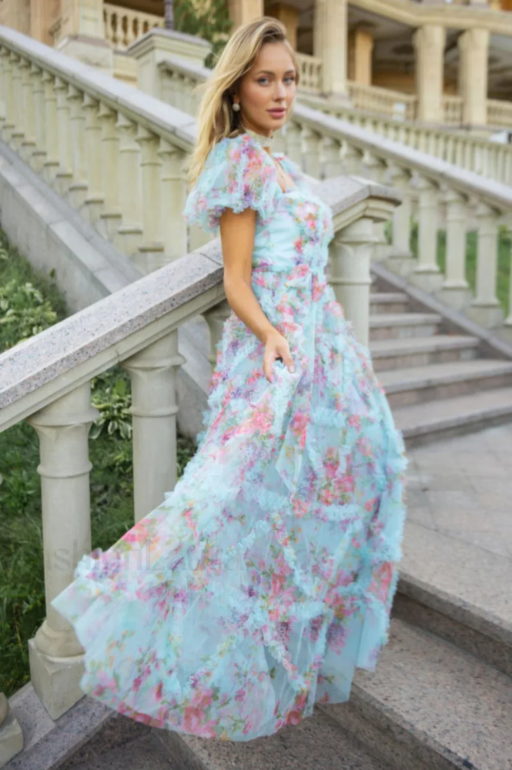 Floral Tulle Puff Sleeve Graceful Bow Tie Maxi Dress - Image 18
