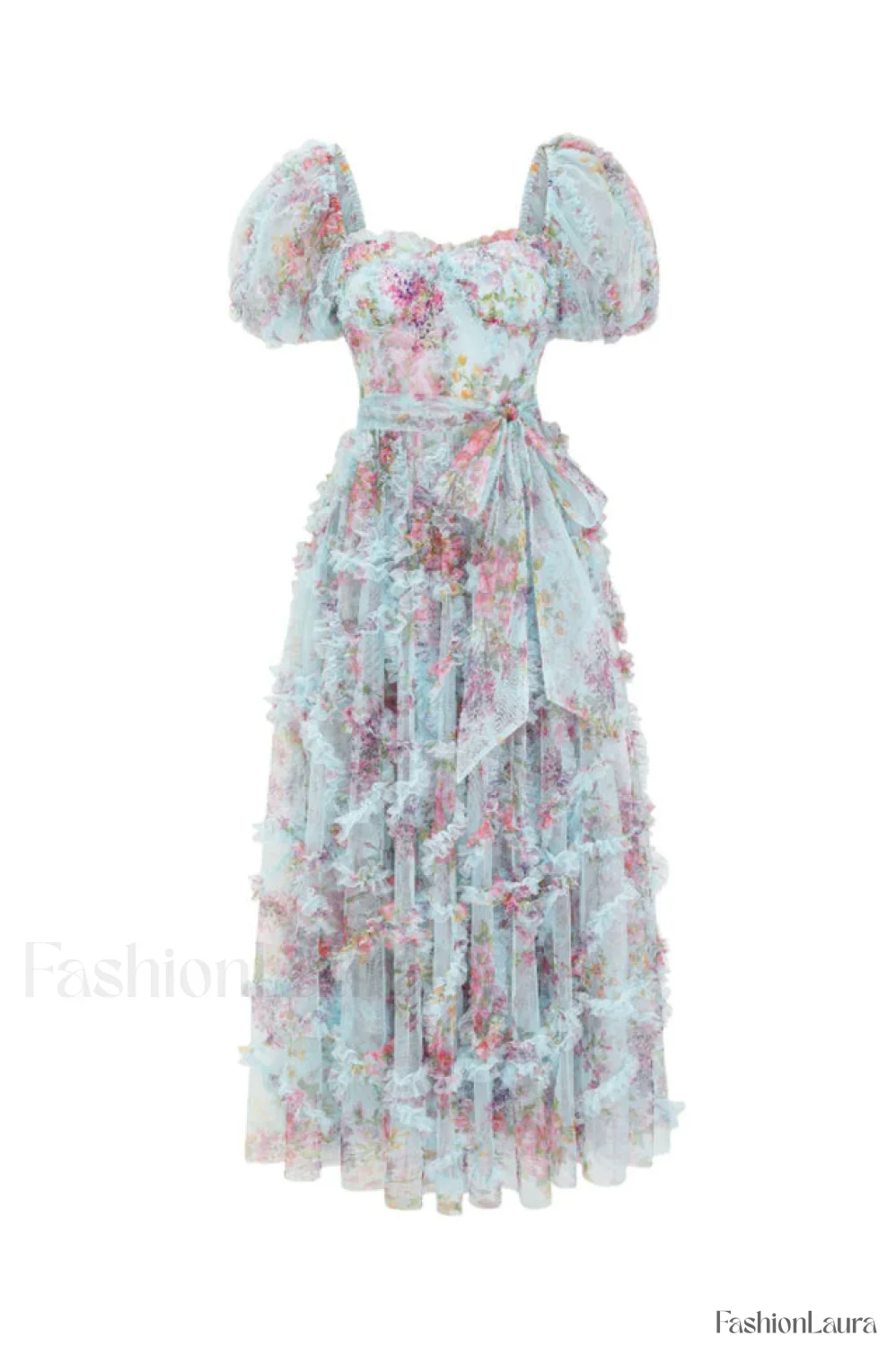 Floral Tulle Puff Sleeve Graceful Bow Tie Maxi Dress - Image 32