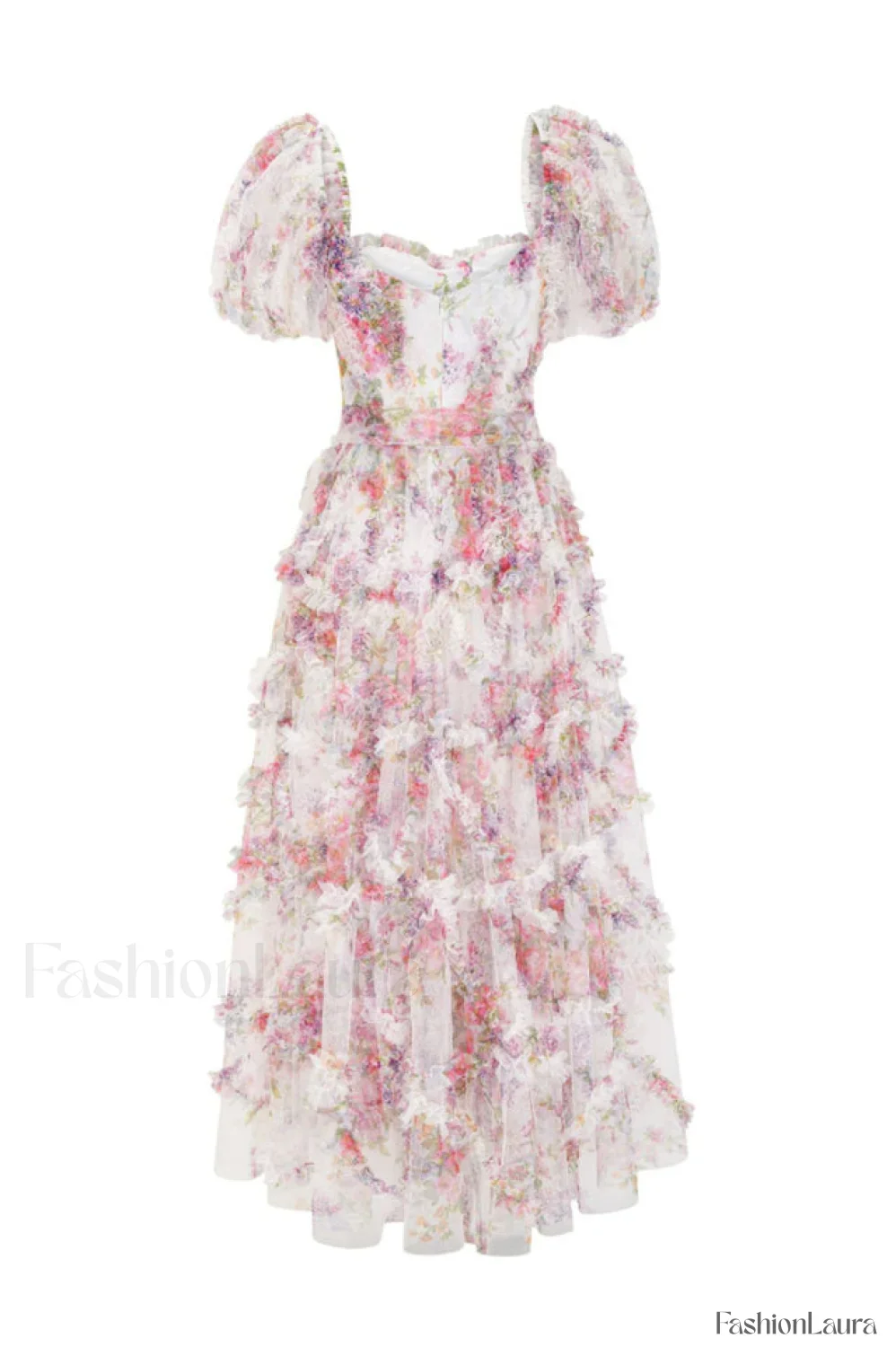 Floral Tulle Puff Sleeve Graceful Bow Tie Maxi Dress - Image 33