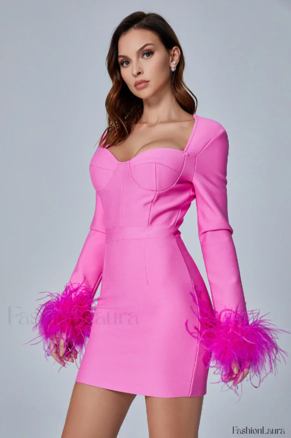 Feather Long Stylish Sleeve Bustier Dress - Image 45