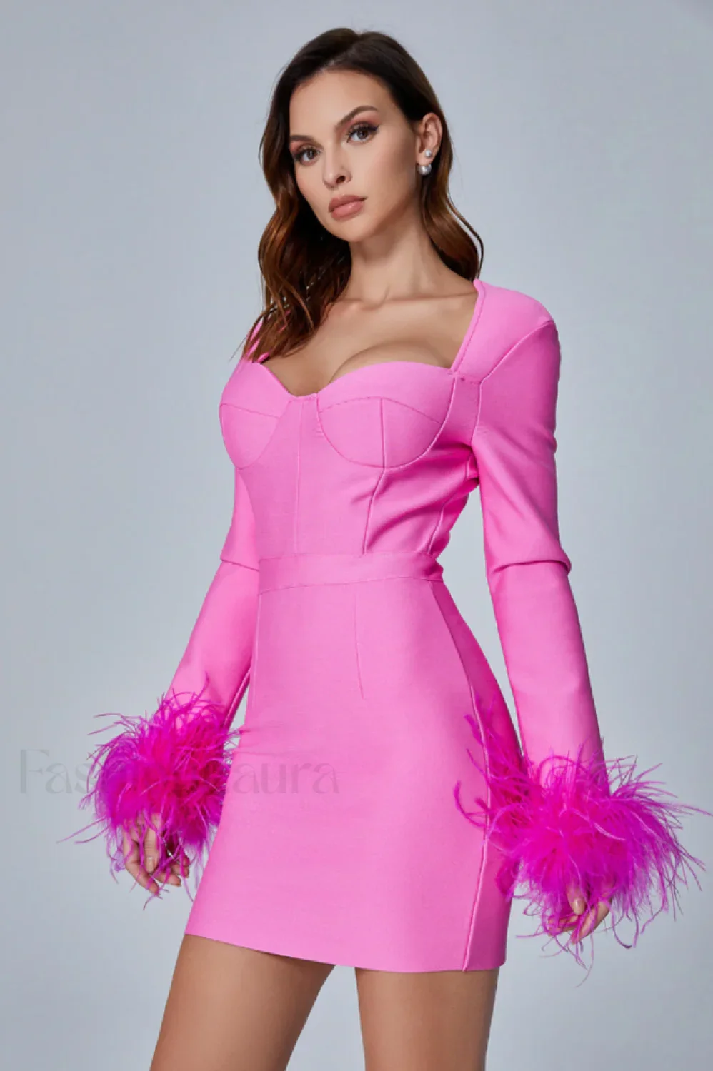 Feather Long Stylish Sleeve Bustier Dress - Image 7