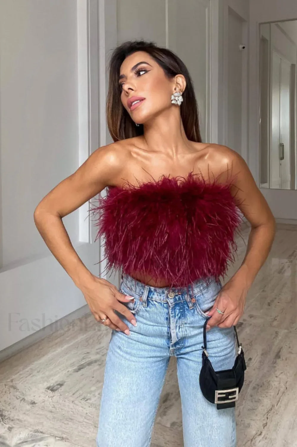 Fancy Strapless Stylish Feather Crop Top - Image 10