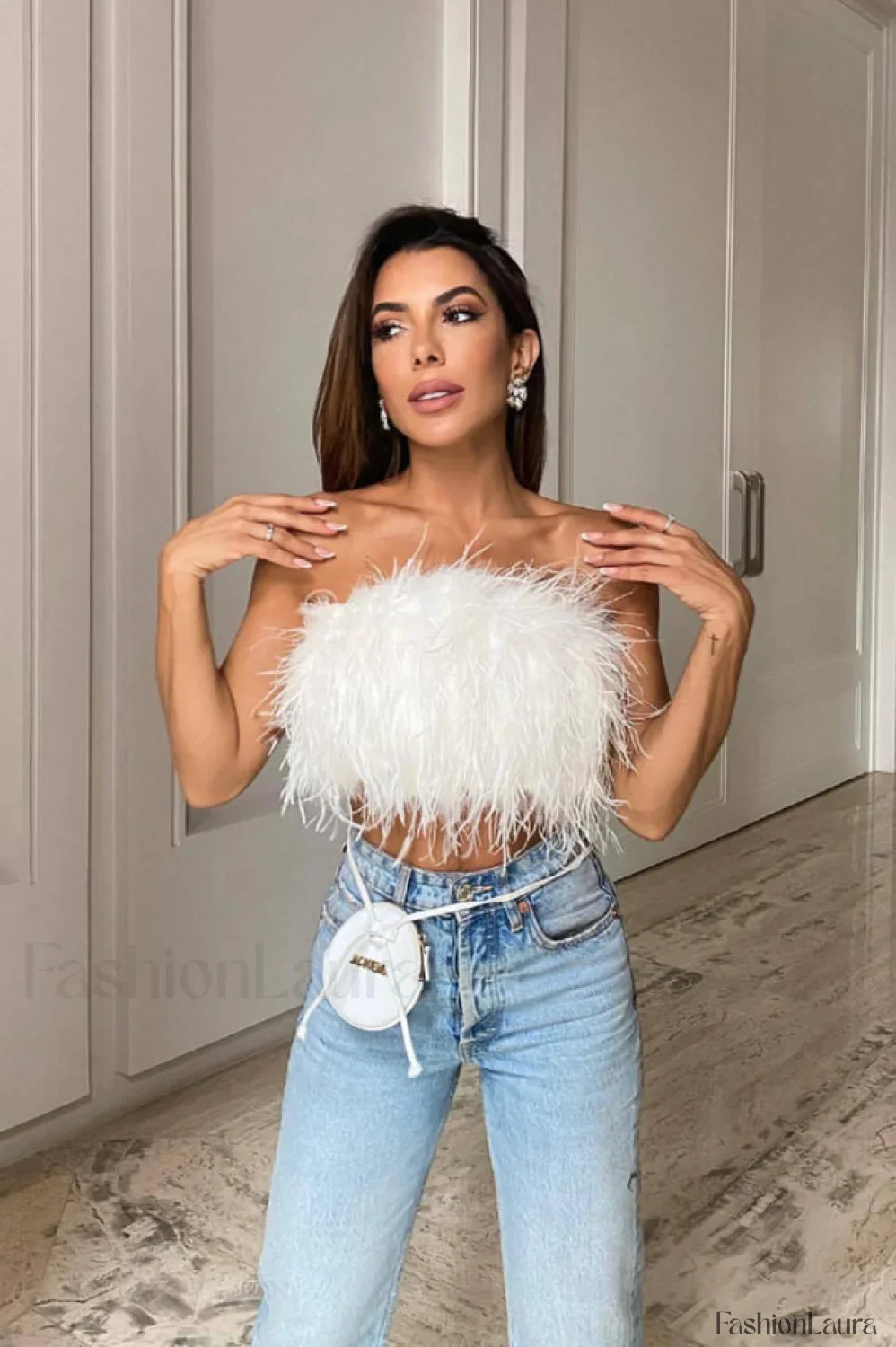 Fancy Strapless Stylish Feather Crop Top - Image 24