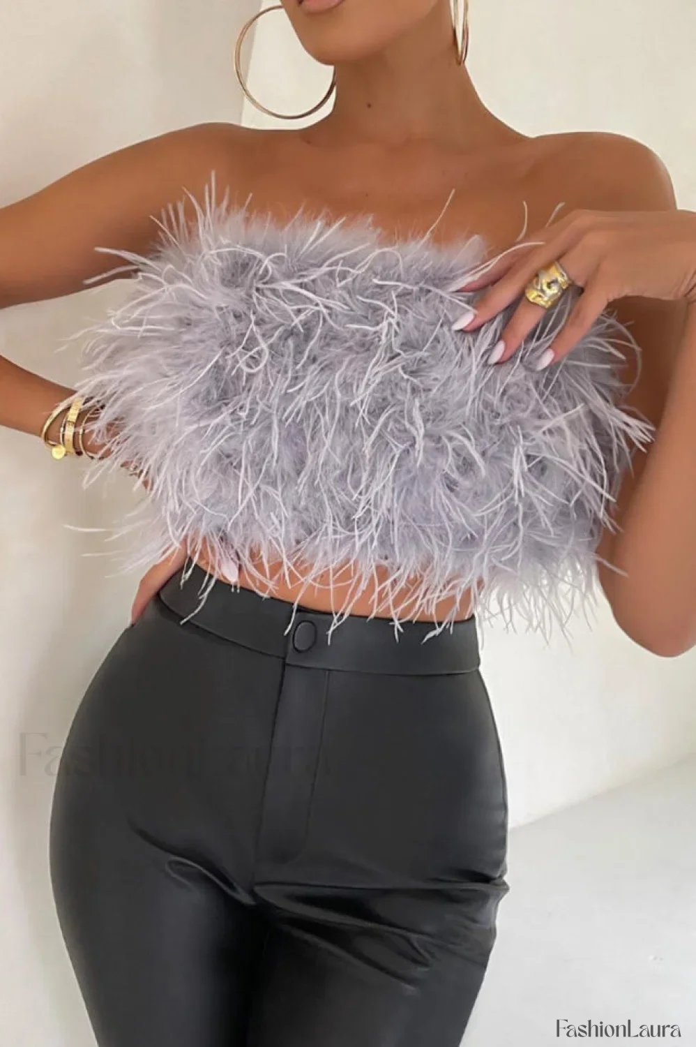 Fancy Strapless Stylish Feather Crop Top - Image 29
