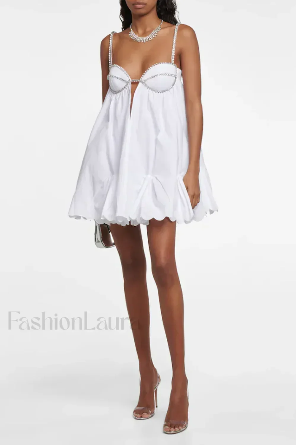 Crystal Trimmed Stylish Scallop Mini Dress - Image 4