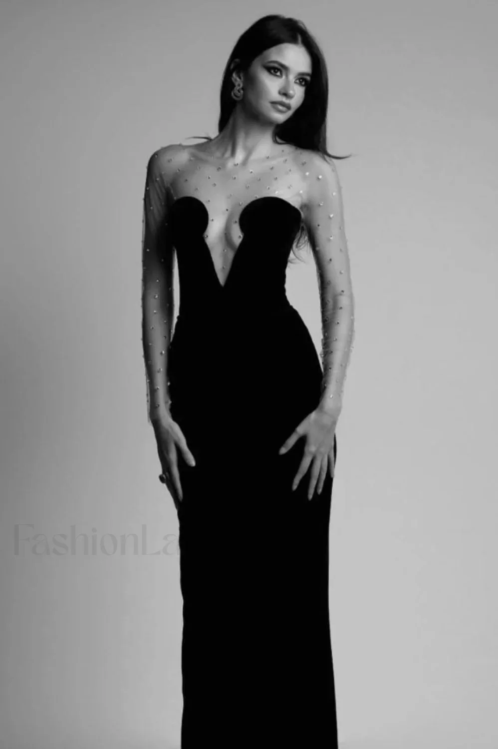 Crystal Mesh Long Charming Sleeve Velvet Dress - Image 40