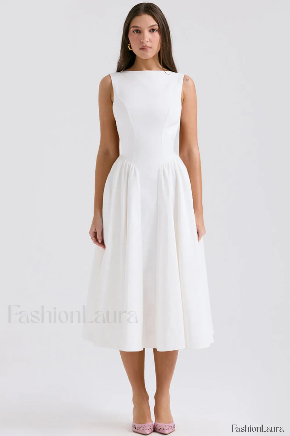Cindy White Stylish Twill Midi Sundress - Image 13