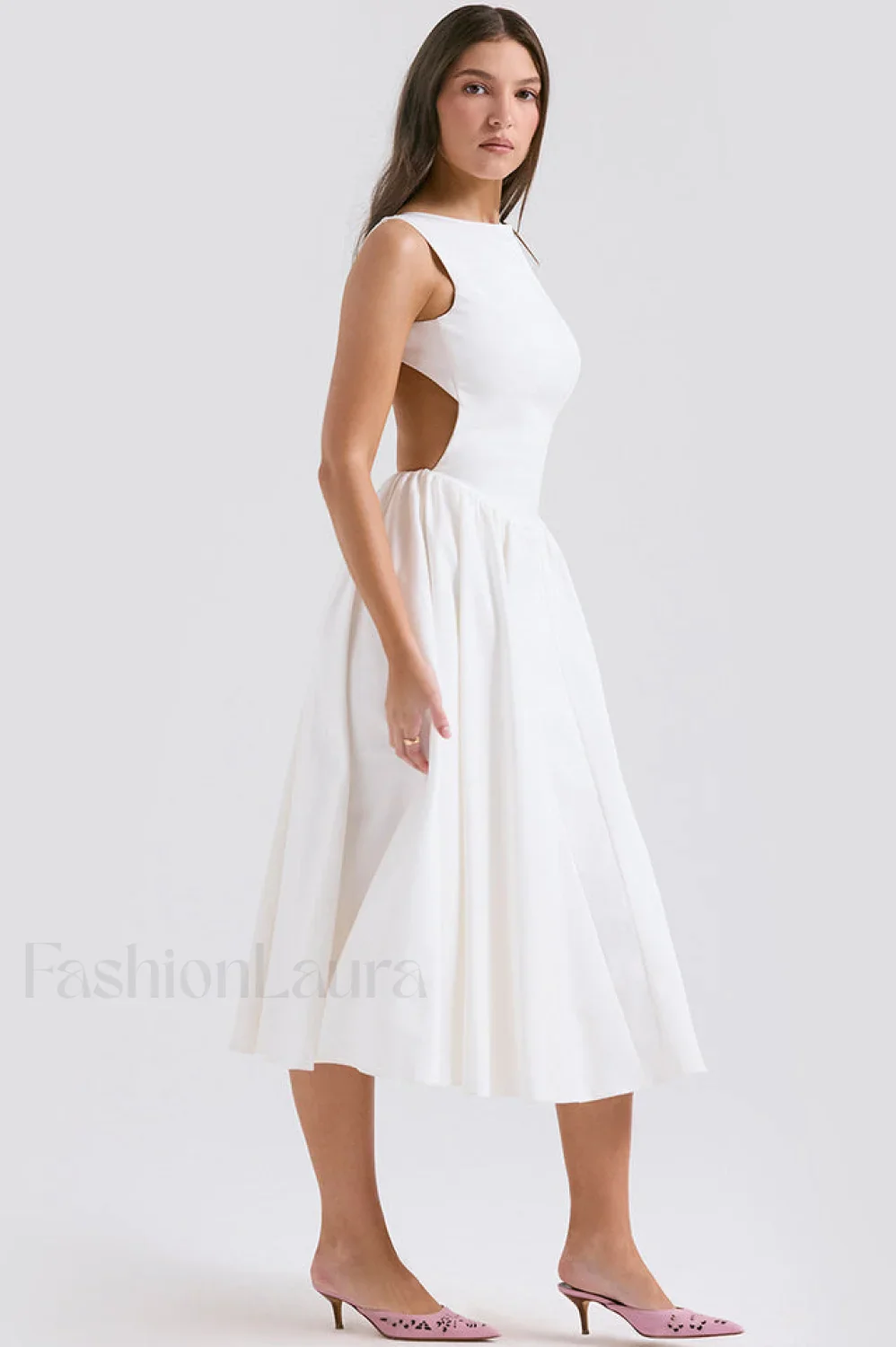 Cindy White Stylish Twill Midi Sundress - Image 5