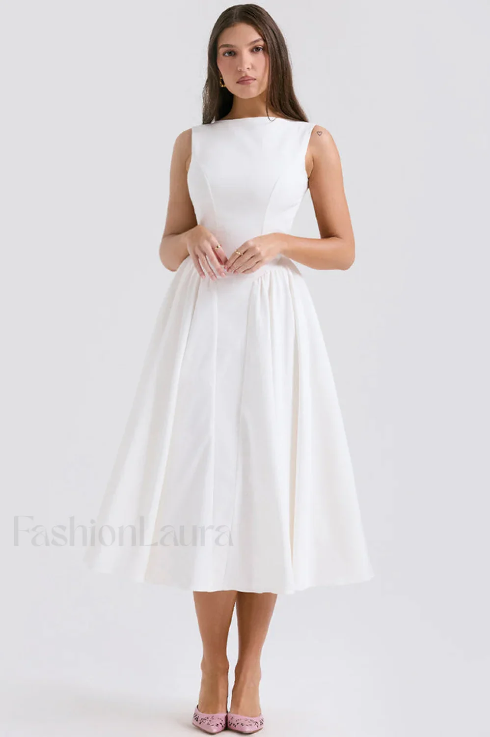 Cindy White Stylish Twill Midi Sundress - Image 7
