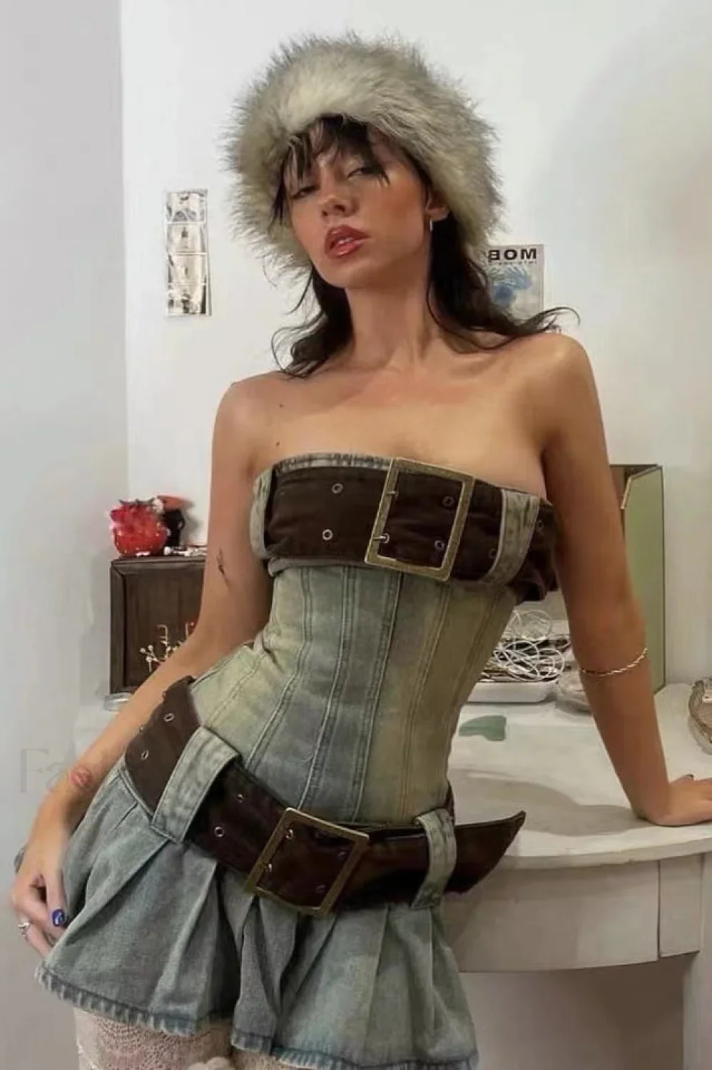 Chelsea Denim Stylish Kilt Mini Dress - Image 11