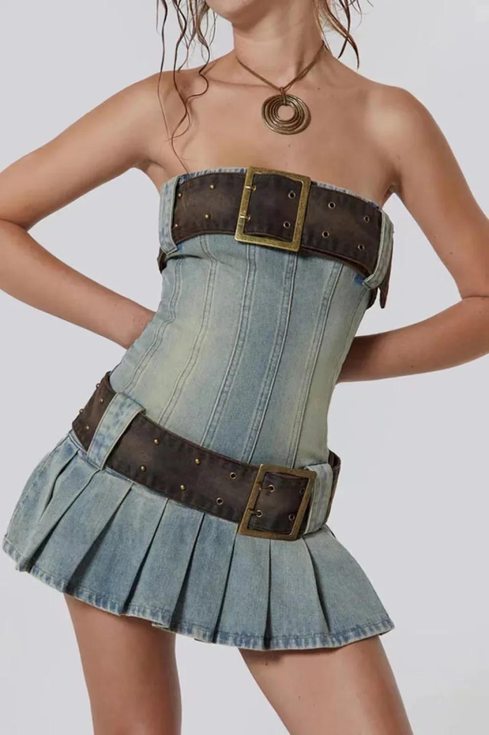 Chelsea Denim Stylish Kilt Mini Dress - Image 18