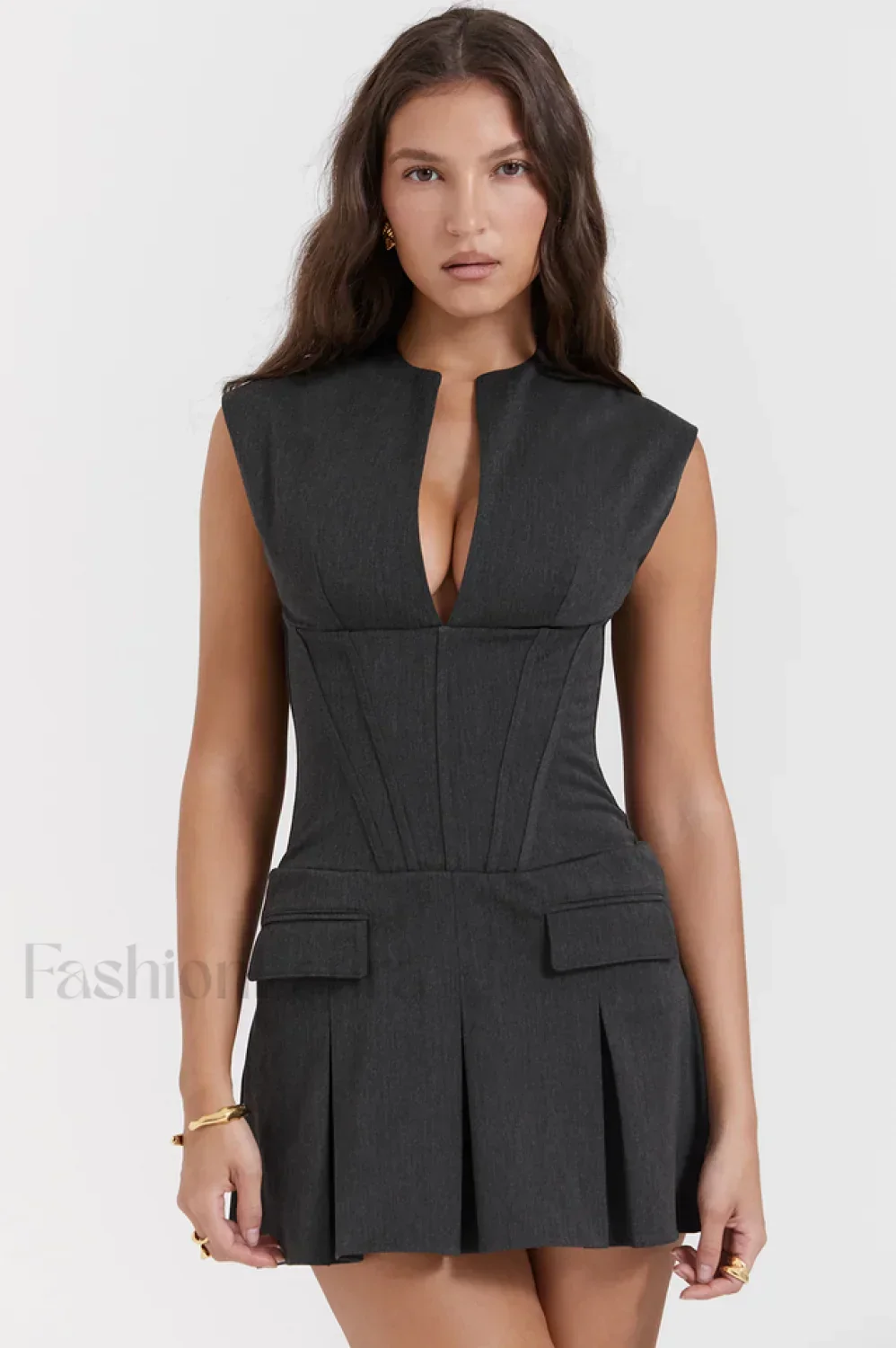 Charcoal Gray Stylish Pleated Belted Dress - Image 2