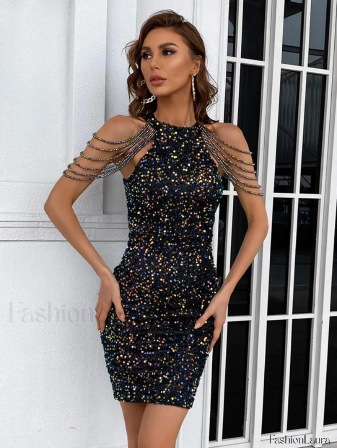 Chain Detail Stylish Sequin Bodycon Dress - Image 44