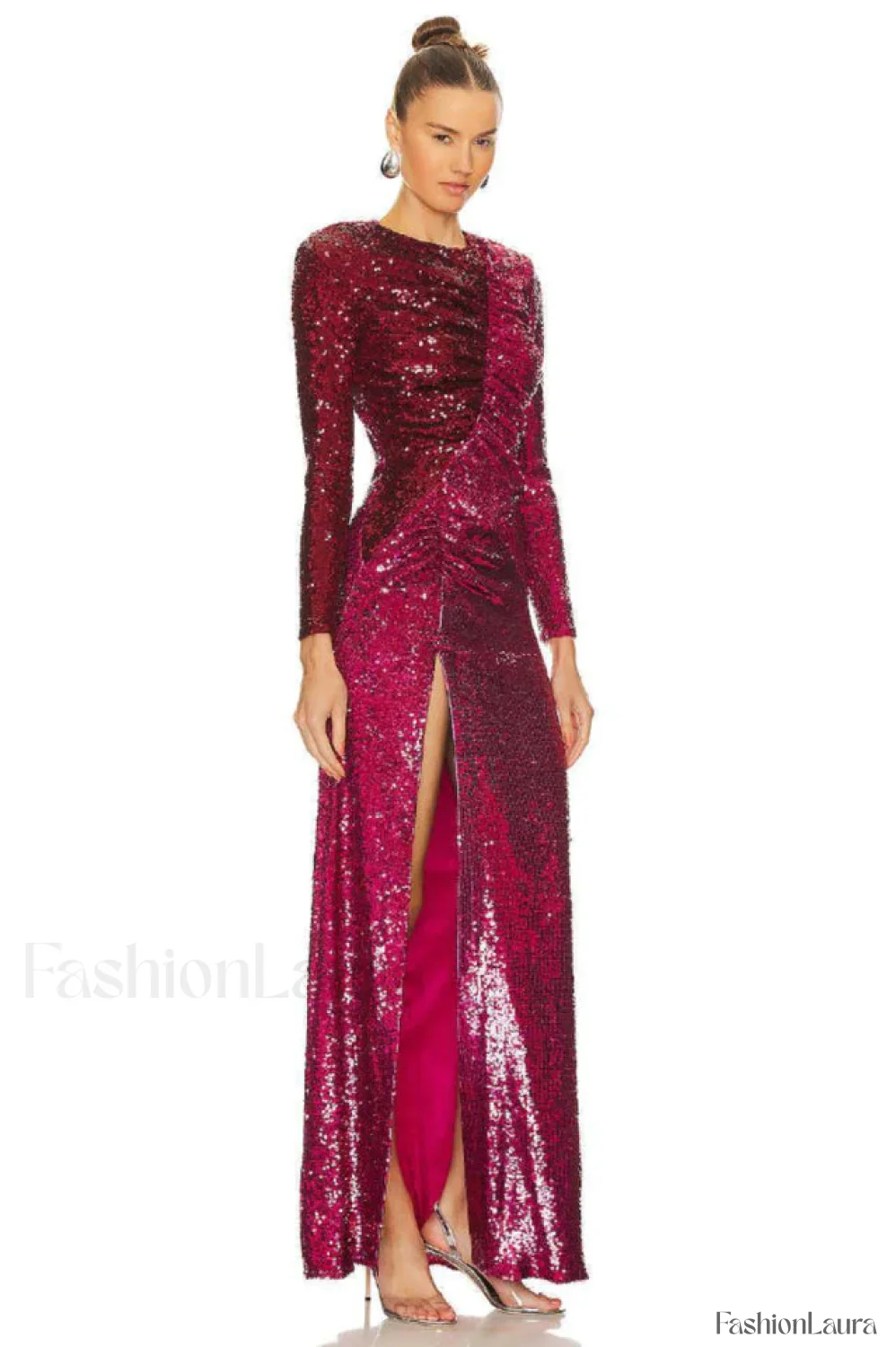Burgundy Ruched Stylish Sequined Maxi Dress - Image 30