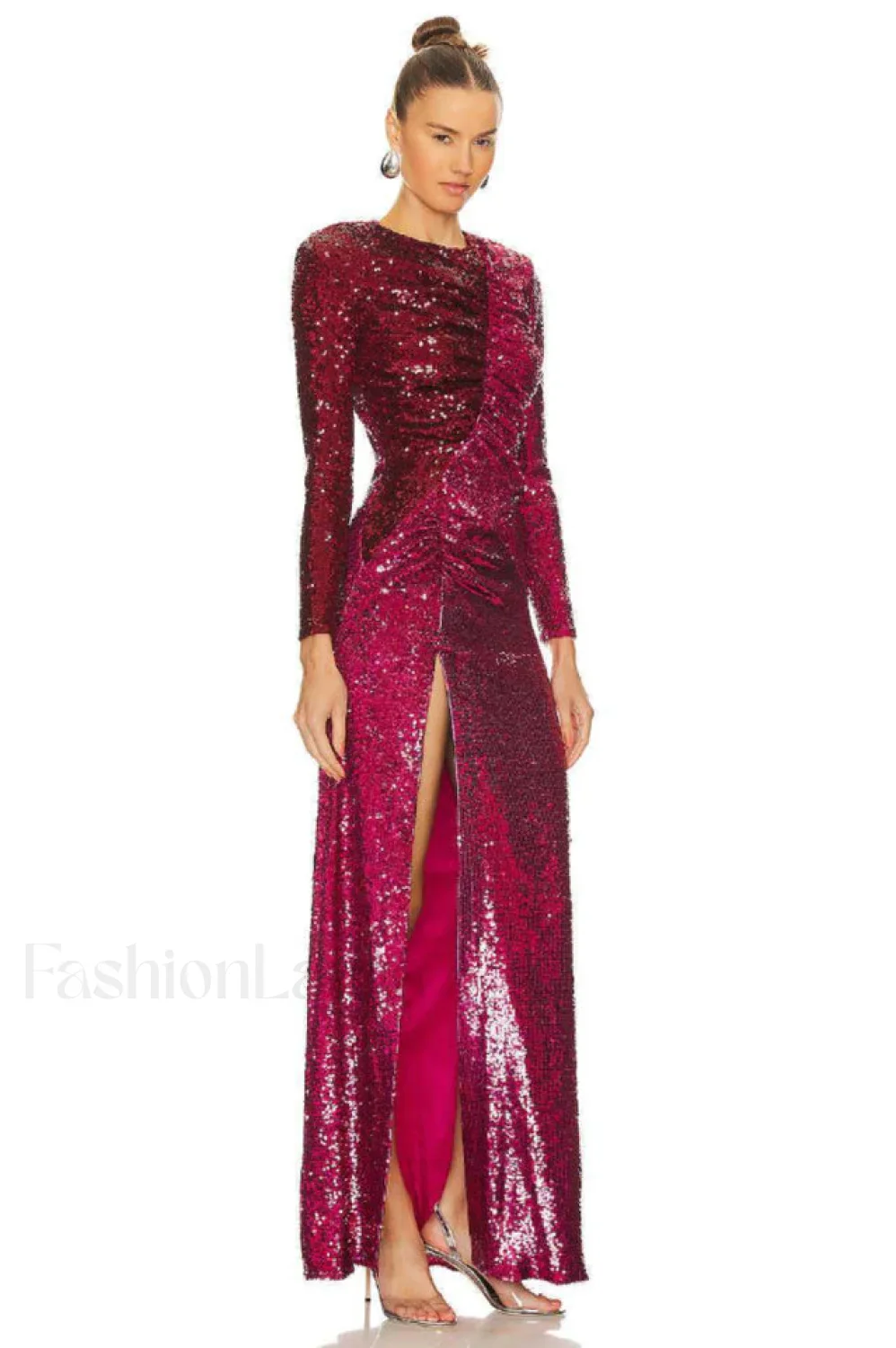 Burgundy Ruched Stylish Sequined Maxi Dress - Image 9