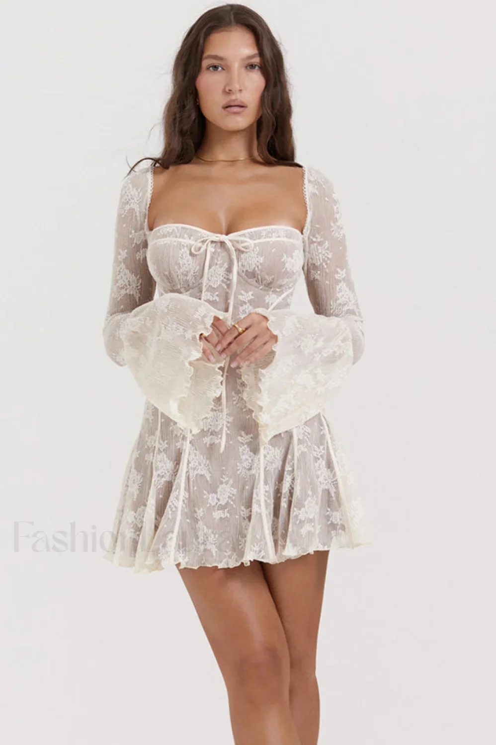 Vintage Cream Stylish Lace Belted Dress - Image 2