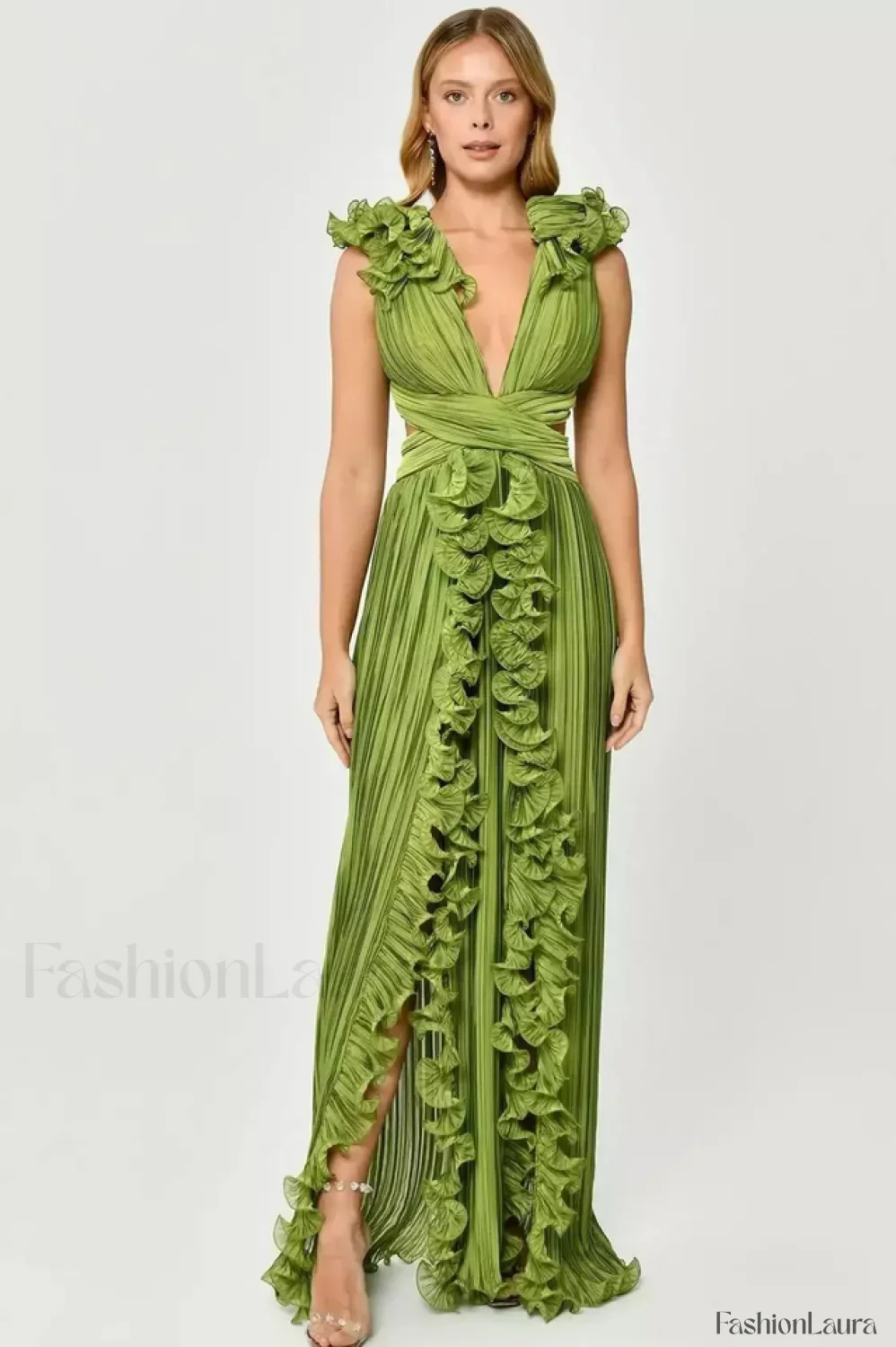 V-Neck Cut-Out Pleated Charming Split Maxi Dress - Image 16