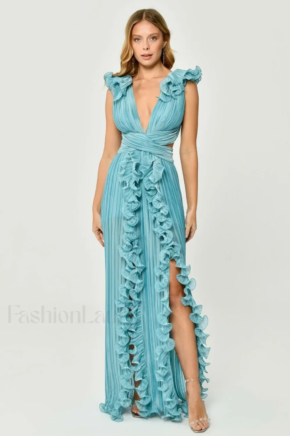 V-Neck Cut-Out Pleated Charming Split Maxi Dress - Image 4