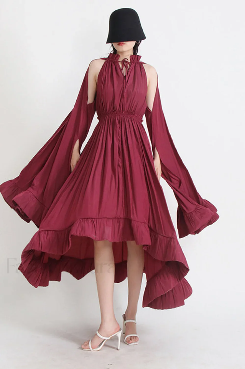 Tie Detailed Stylish Ruffled Crepe Dress - Image 10