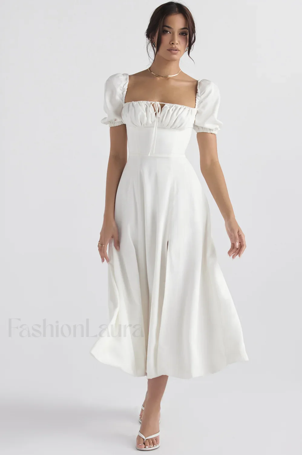 Tallulah White Puff Charming Sleeve Midi Dress - Image 33