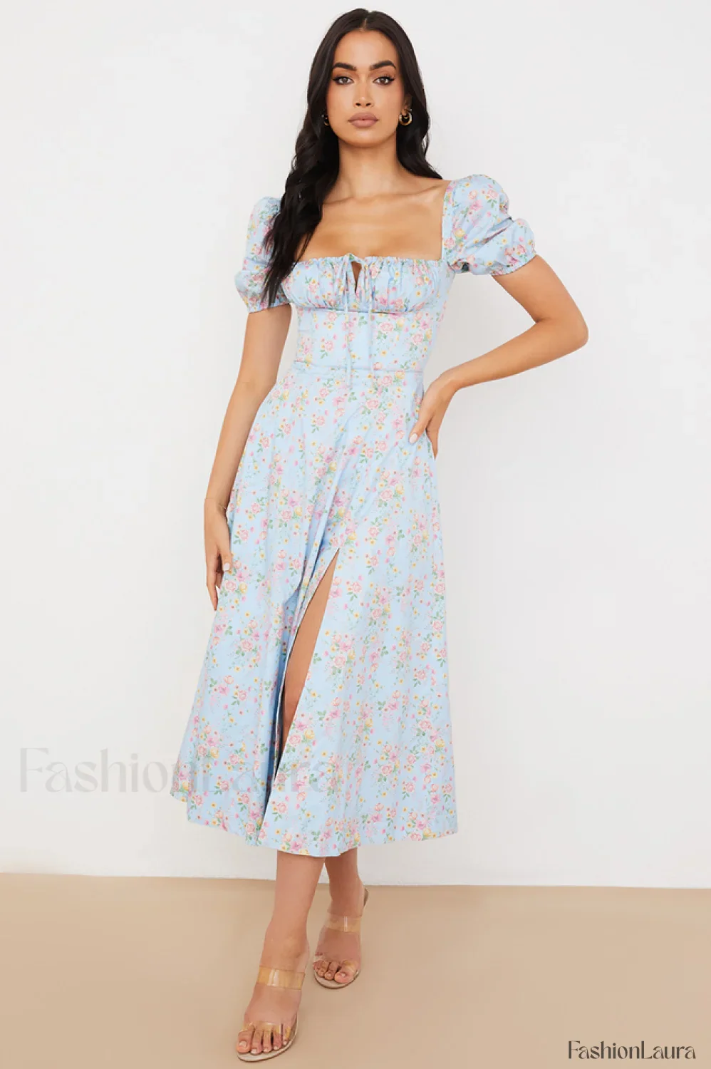 Tallulah Floral Puff Charming Sleeve Midi Dress - Image 156