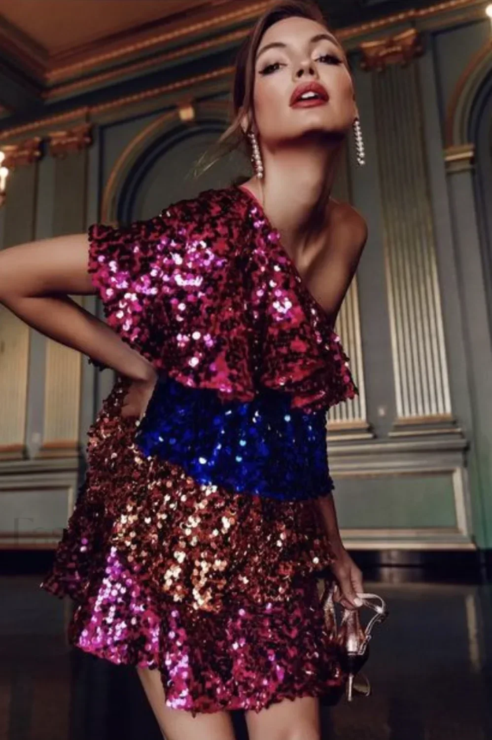Sparkly Sequined One Charming Shoulder Mini Dress - Image 2