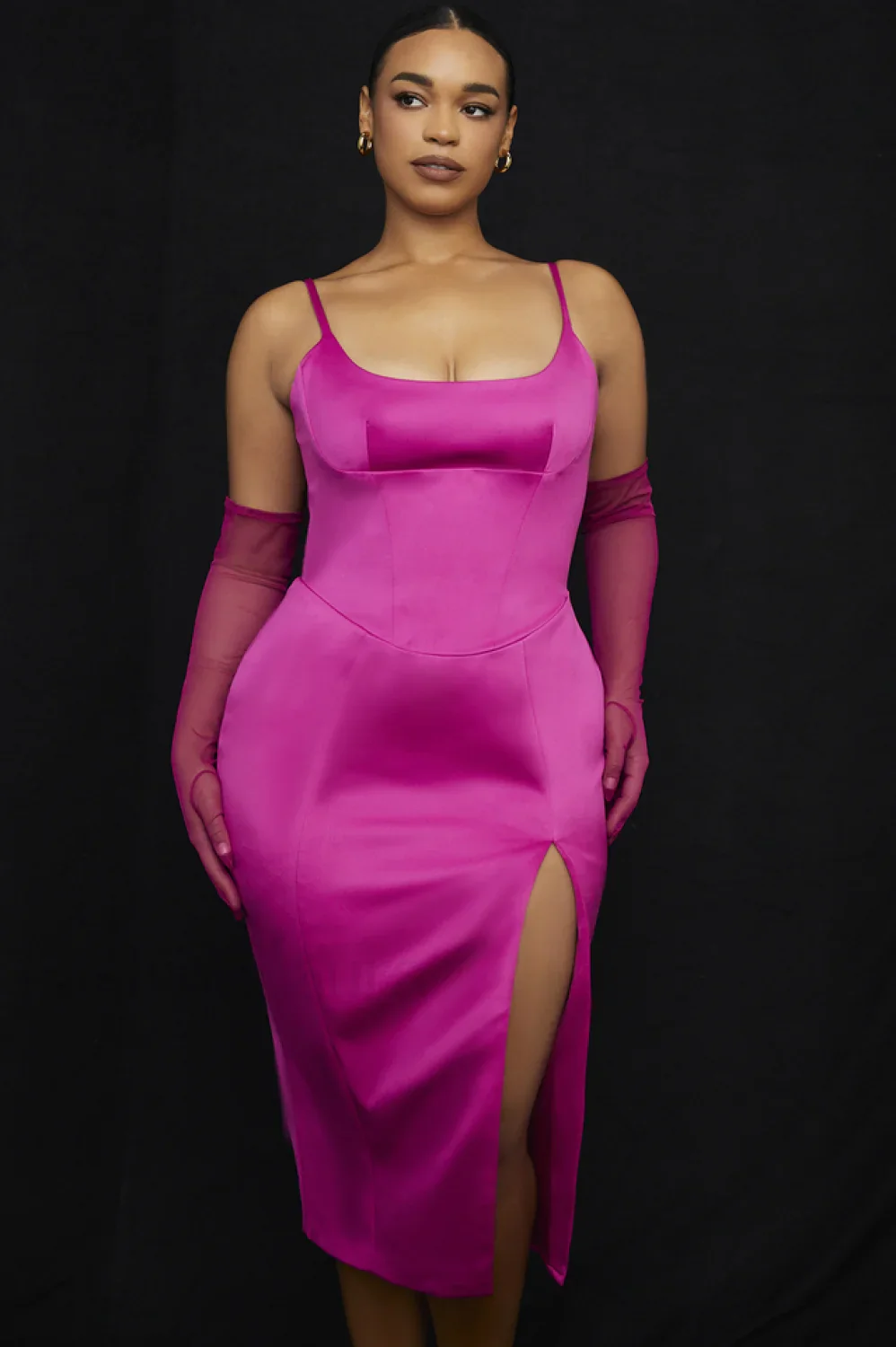 Satin Pleated Stylish Corset Midi Dress - Image 57