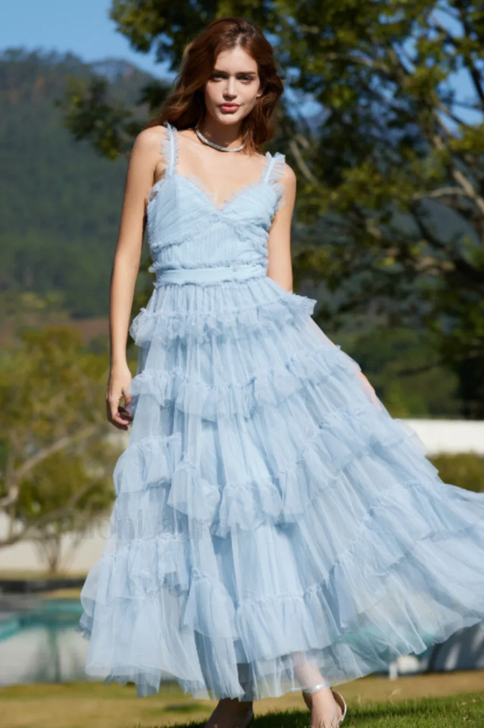 Ruffle V Neck Charming Tiered Tulle Evening Dress - Image 19