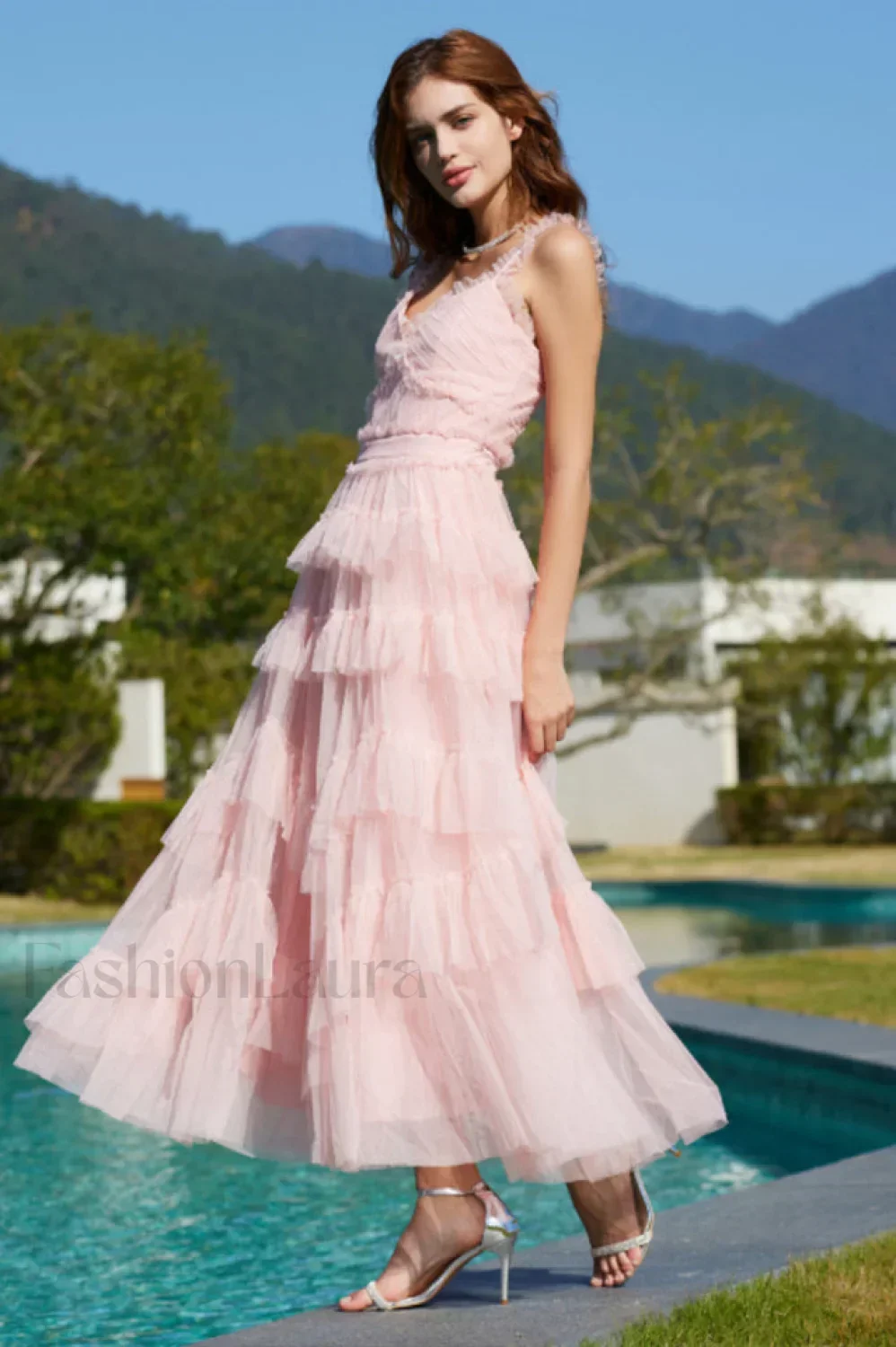 Ruffle V Neck Charming Tiered Tulle Evening Dress - Image 2