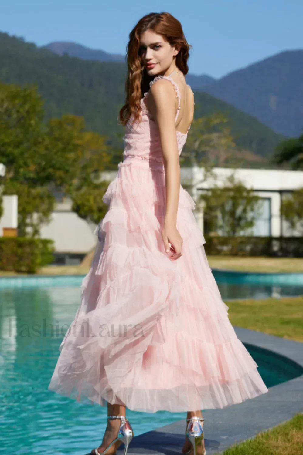 Ruffle V Neck Charming Tiered Tulle Evening Dress - Image 3