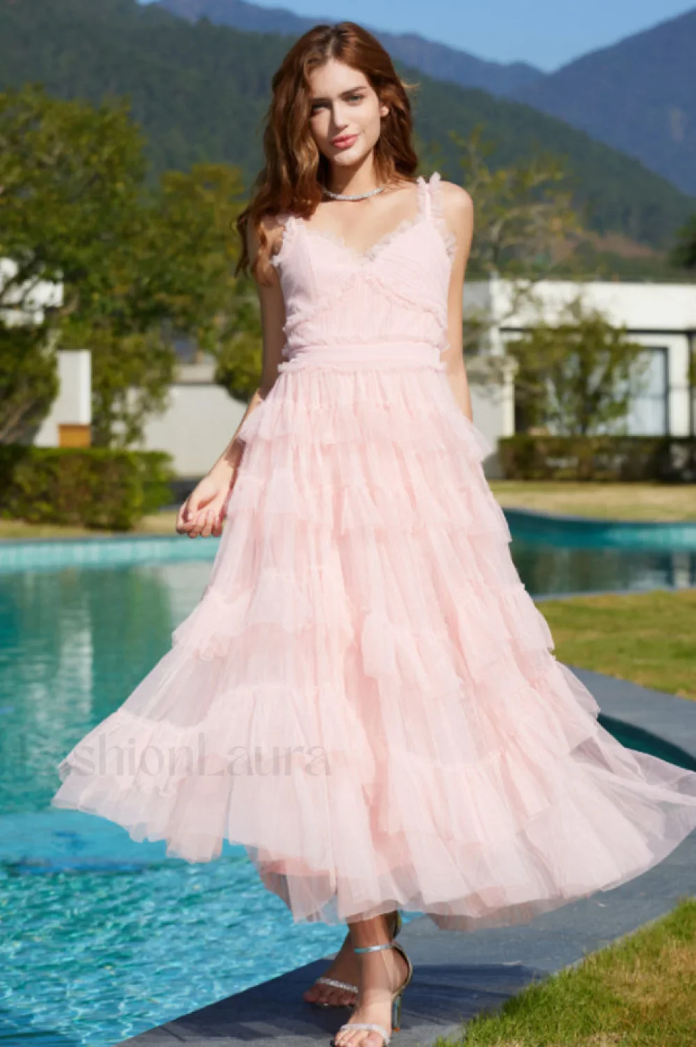 Ruffle V Neck Charming Tiered Tulle Evening Dress - Image 33