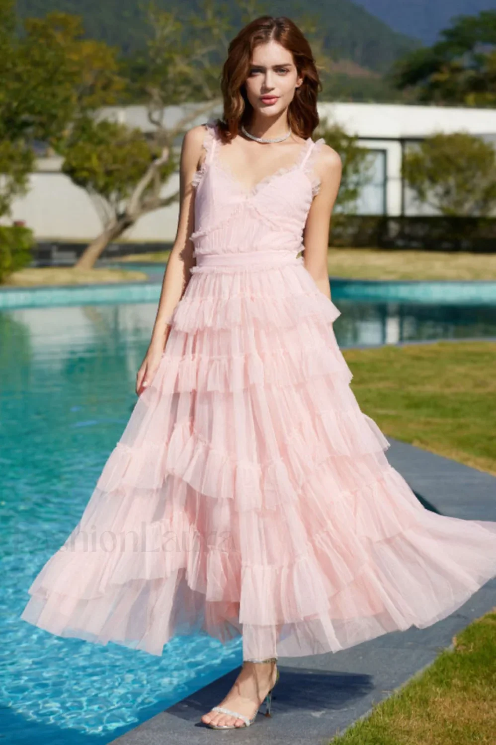 Ruffle V Neck Charming Tiered Tulle Evening Dress - Image 36
