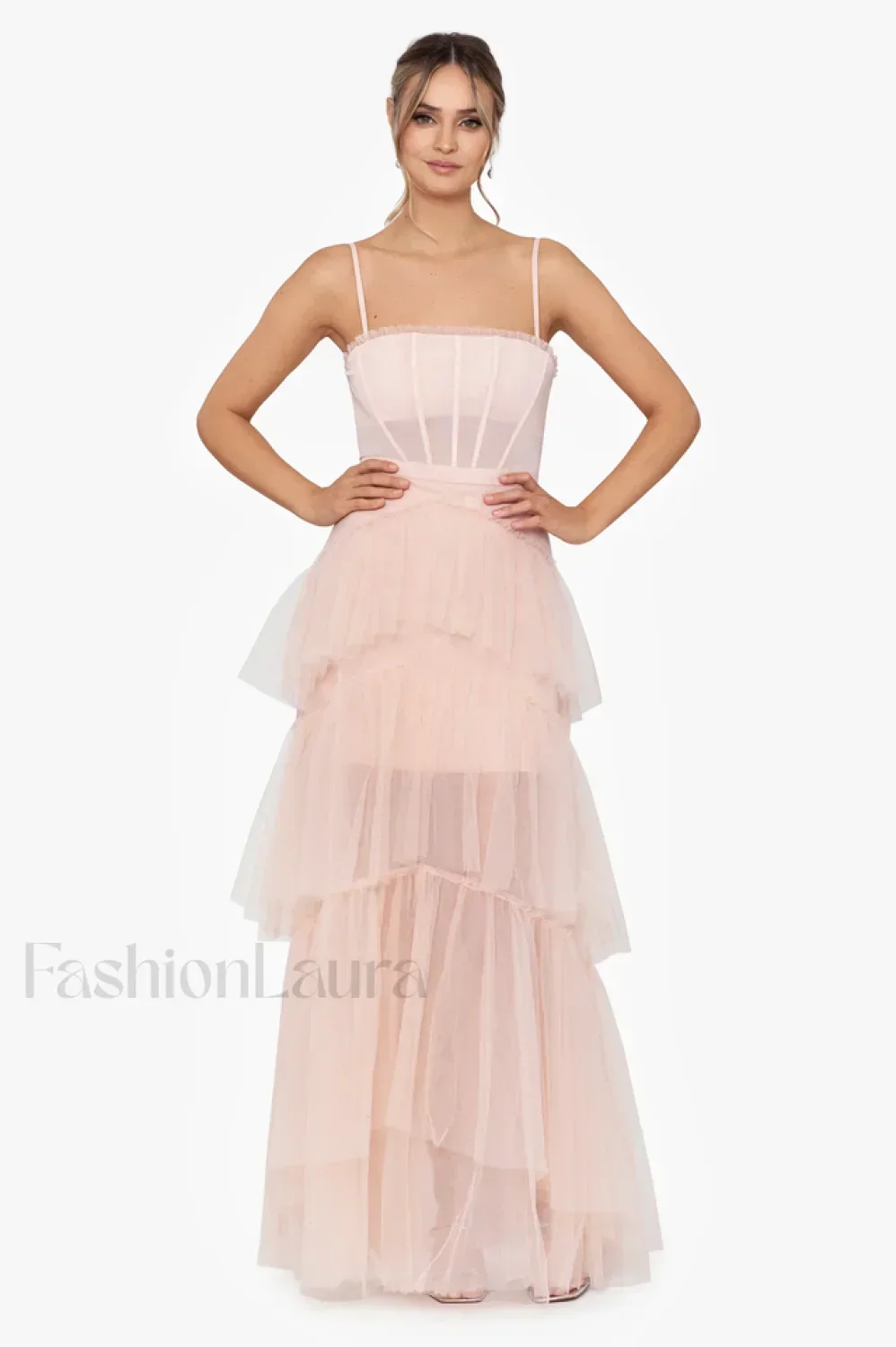 Jasmine Long Spaghetti Charming Strap Mesh Corset Gown