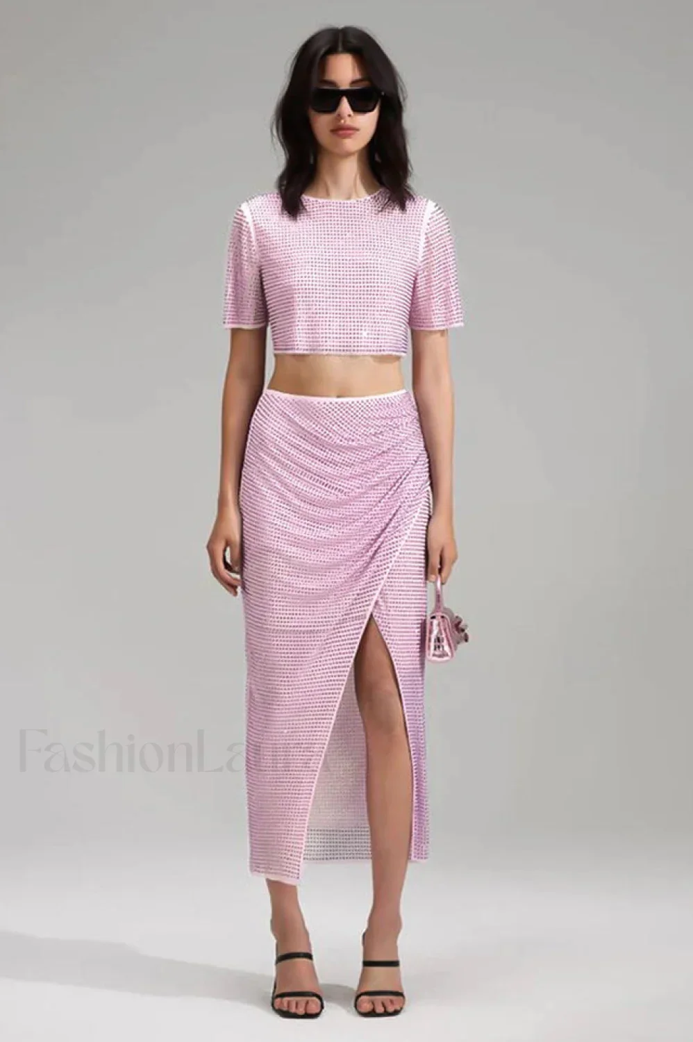 Pink Rhinestone Wrap Charming Midi Skirt Set - Image 2