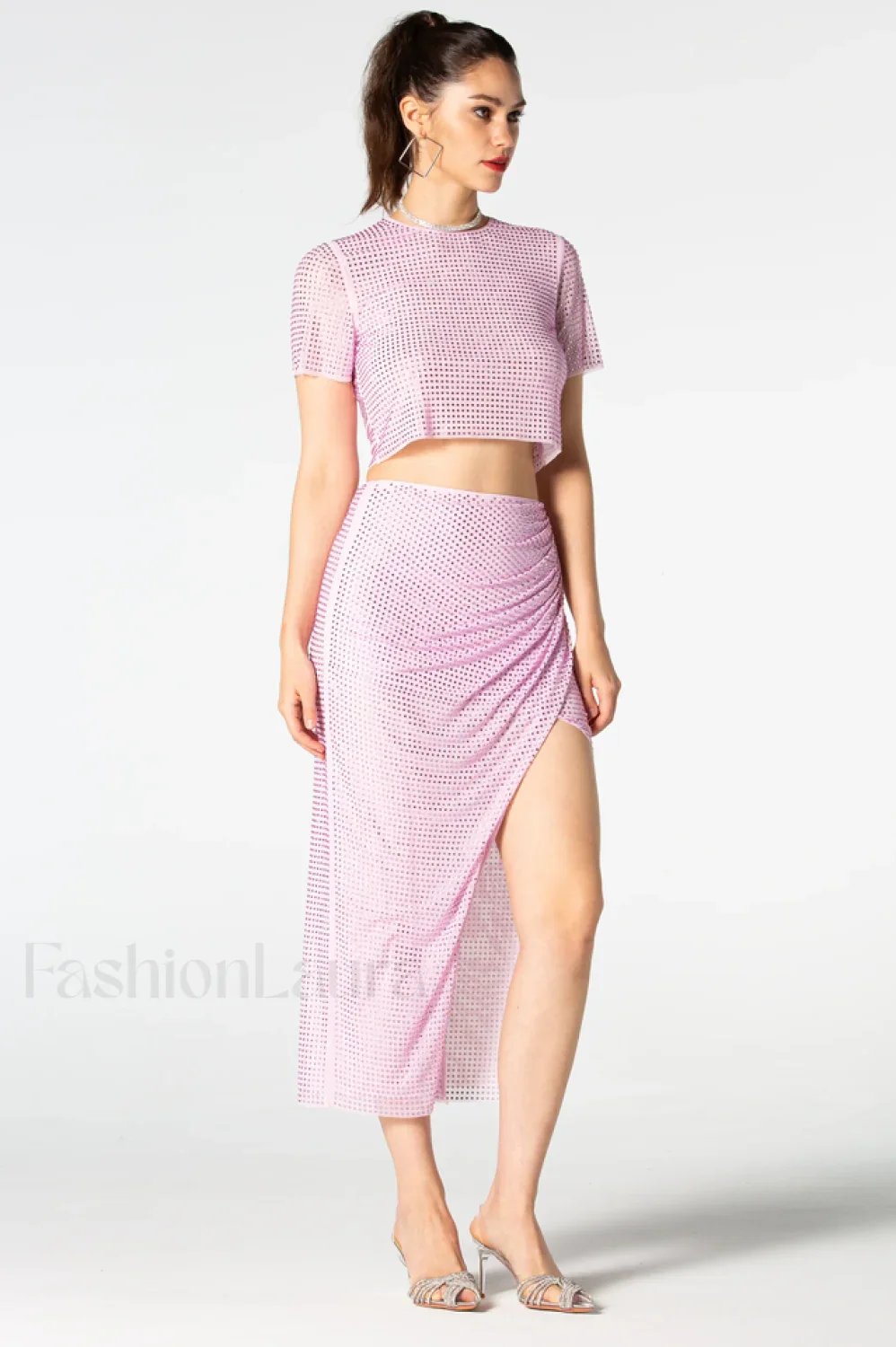 Pink Rhinestone Wrap Charming Midi Skirt Set - Image 5