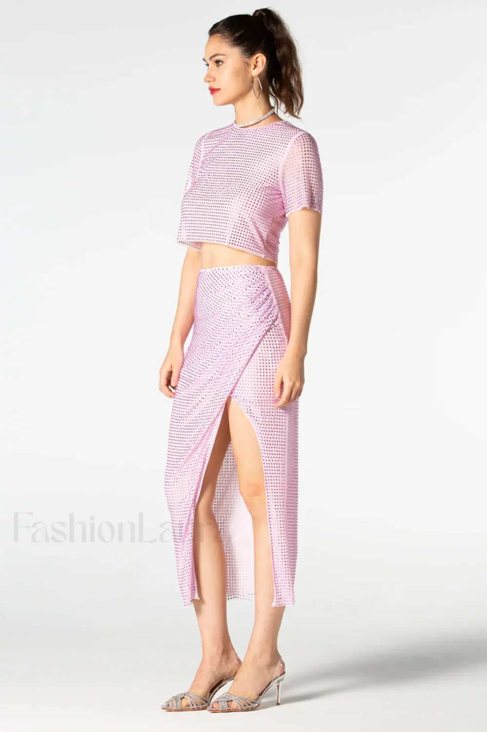 Pink Rhinestone Wrap Charming Midi Skirt Set - Image 8