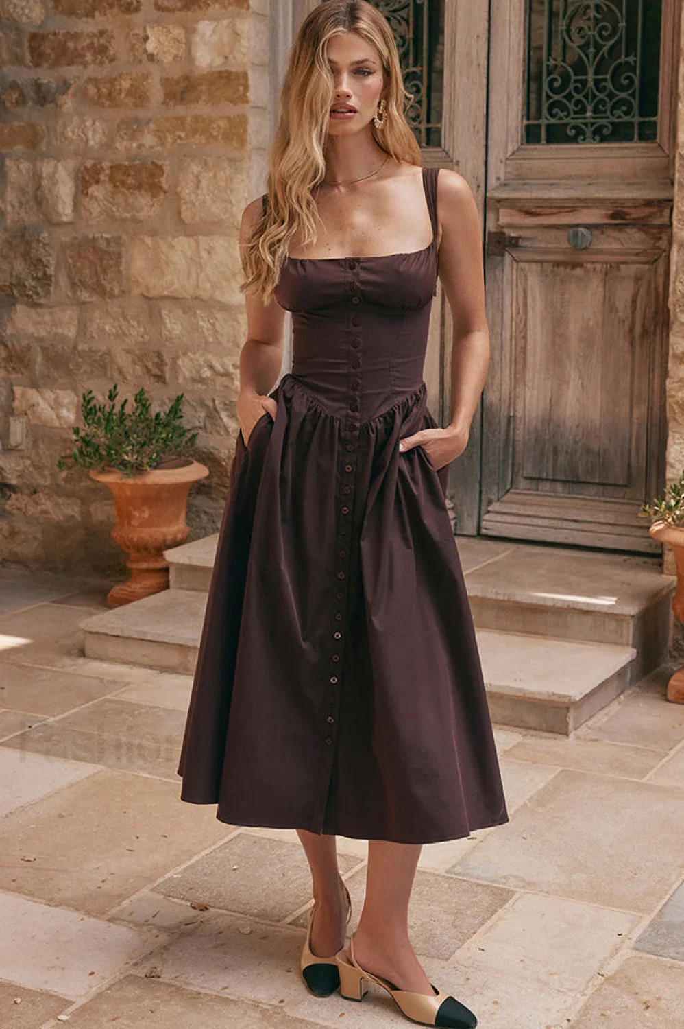 Rich Brown Stylish Midi Sundress - Image 7