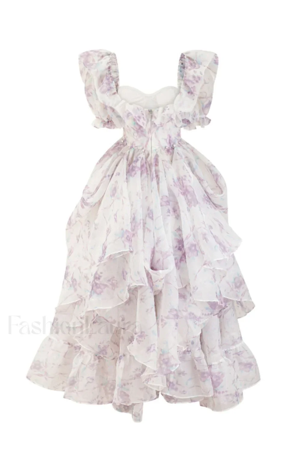 Puff Sleeve Floral Charming Organza Layered Split Dress - Image 11