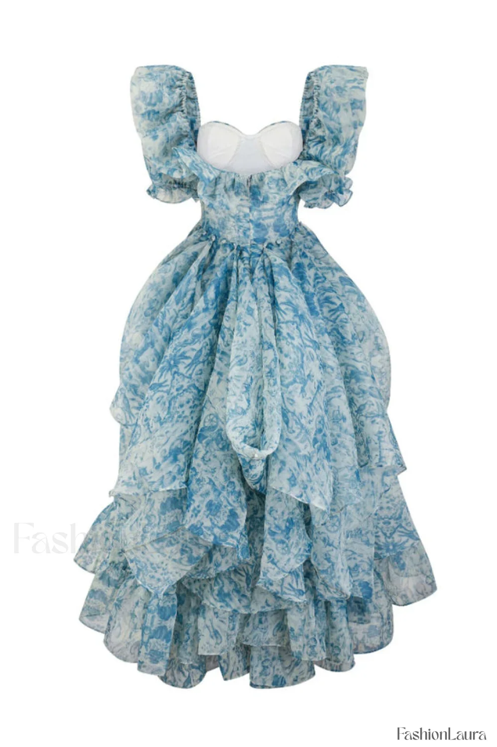 Puff Sleeve Floral Charming Organza Layered Split Dress - Image 25