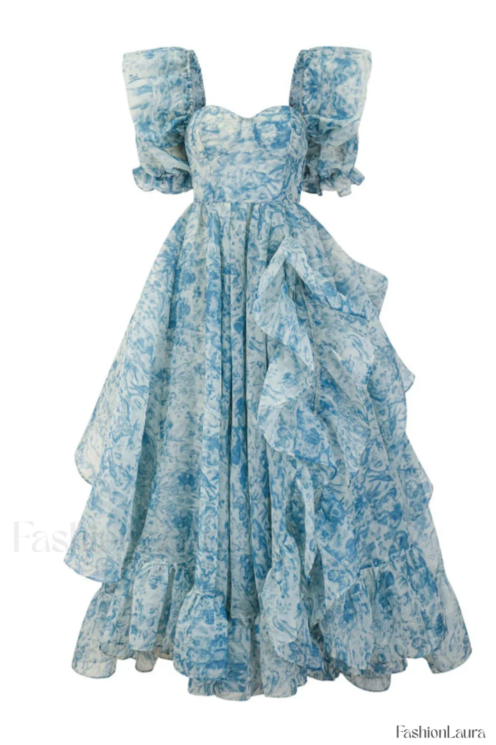 Puff Sleeve Floral Charming Organza Layered Split Dress - Image 26