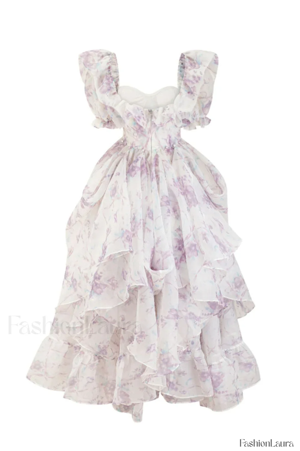Puff Sleeve Floral Charming Organza Layered Split Dress - Image 27