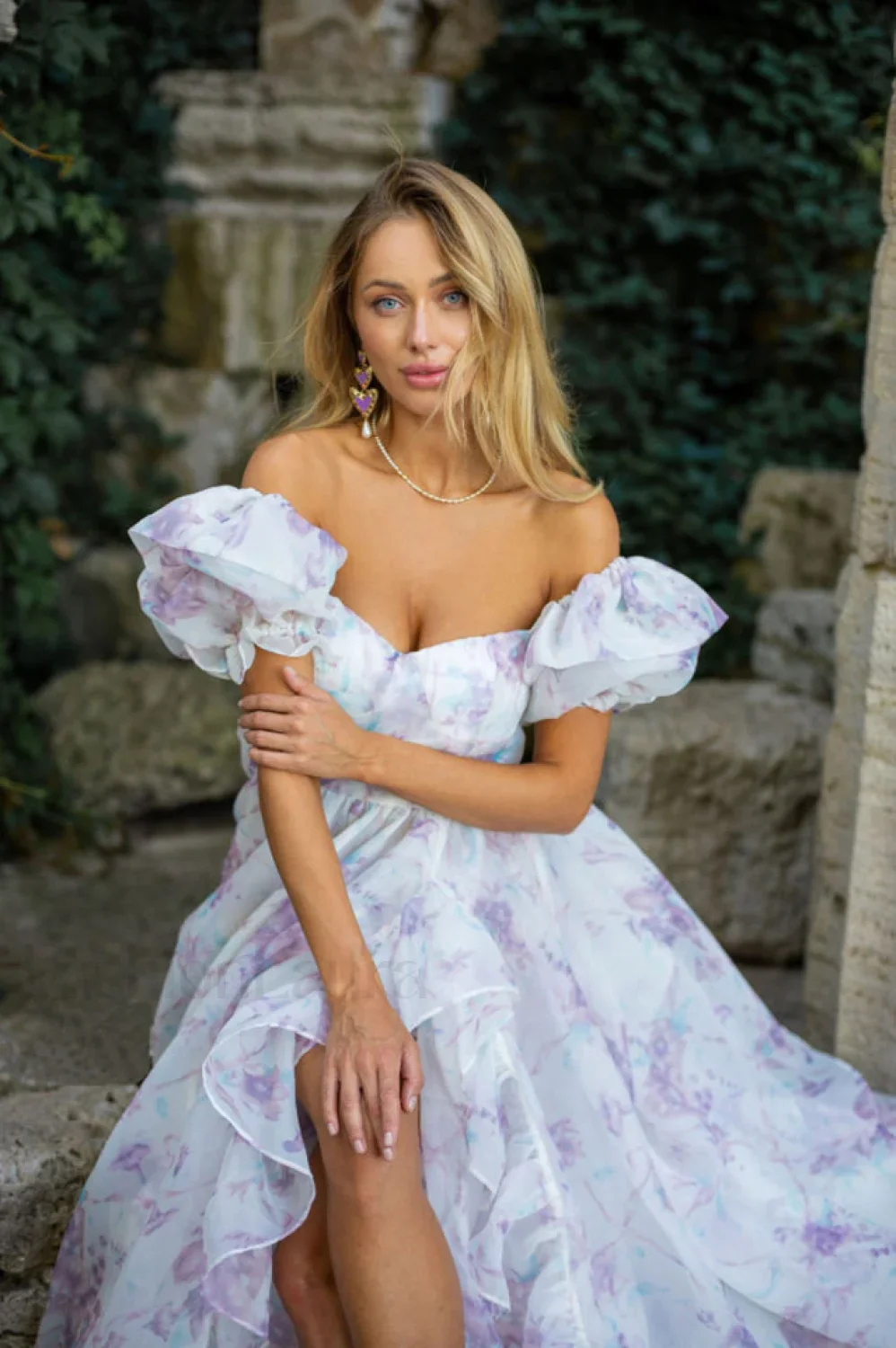 Puff Sleeve Floral Charming Organza Layered Split Dress - Image 7