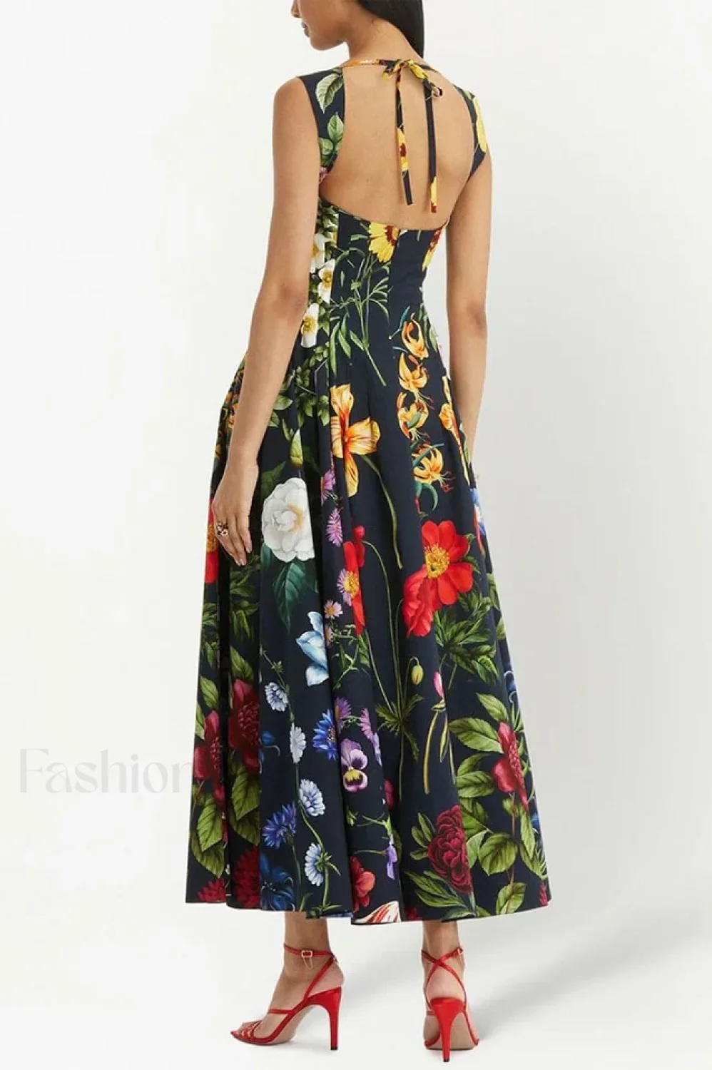 Printed Tie-Back Stylish Cotton-Blend Midi Dress - Image 6
