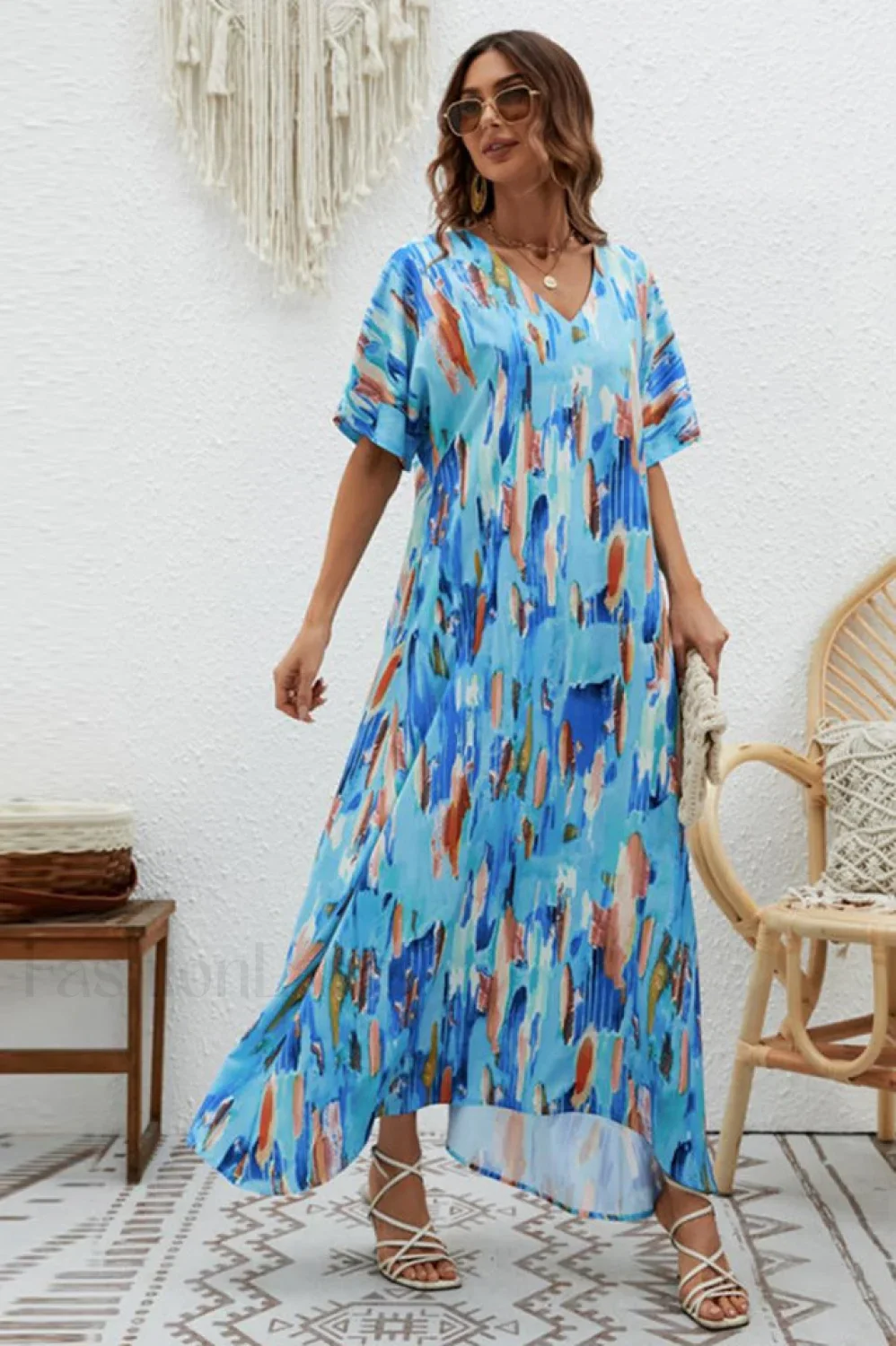 Print Short Sleeve Charming Wide Hem Maxi Dress - Image 10