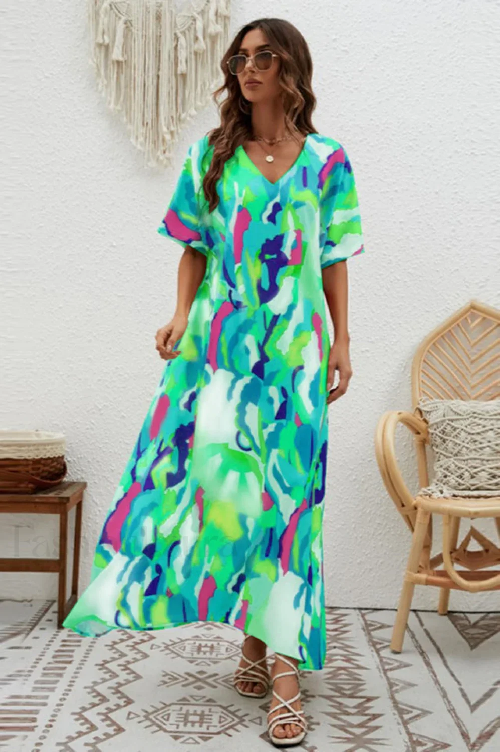 Print Short Sleeve Charming Wide Hem Maxi Dress - Image 19